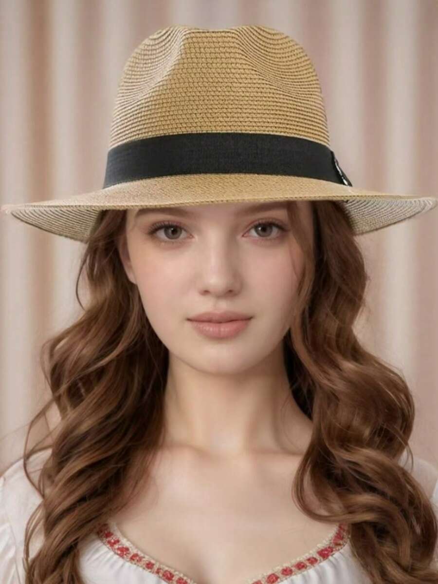 1 pièce Chapeau de paille panama à large bord unisexe, chapeau de plage, chapeau de soleil, chapeau habillé, chapeau fedora