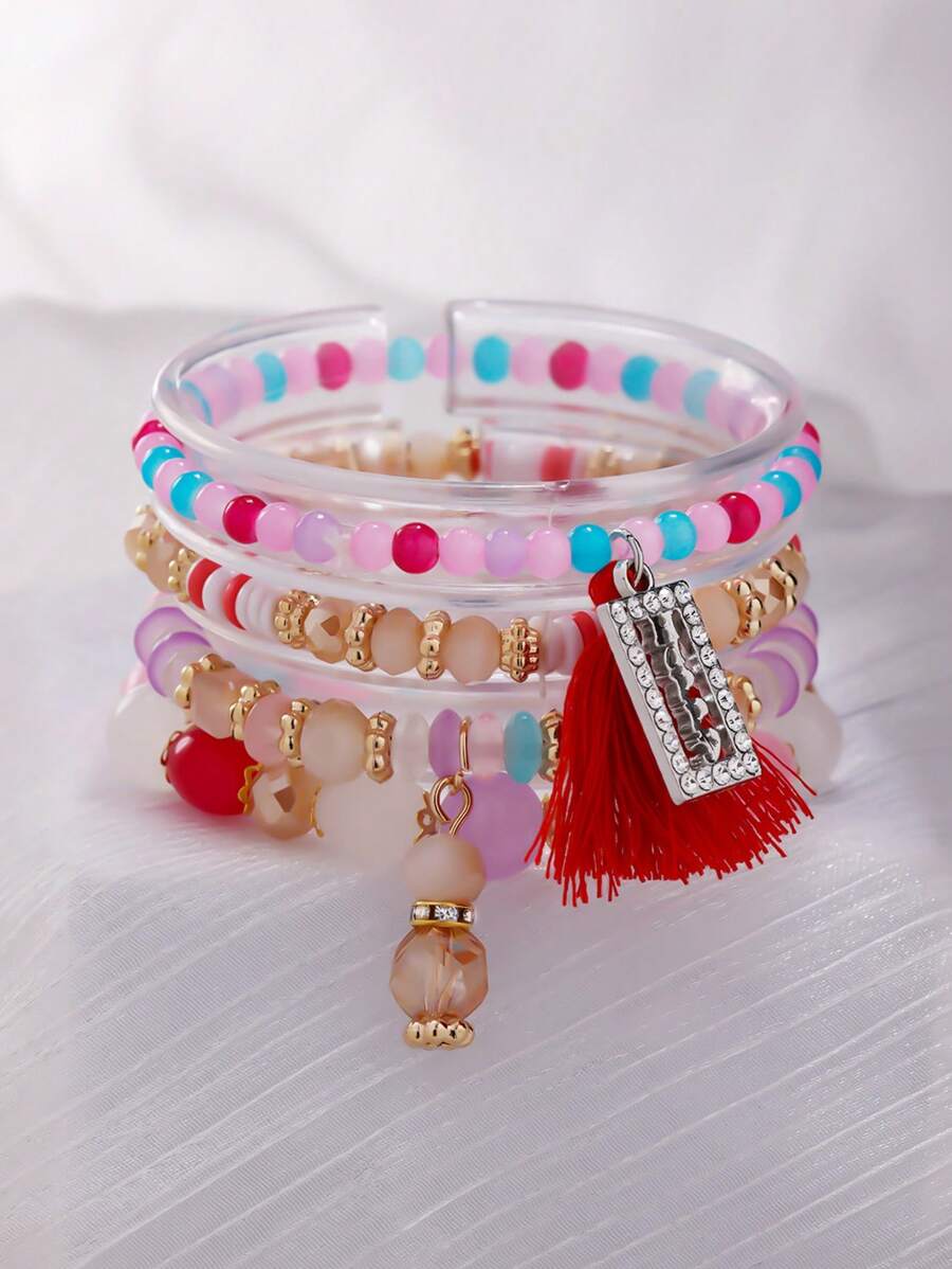 4pcs/Set Bohemian Elegant Sparkling Tassel Beaded Elastic Bracelet Set, Suitable For Women's Daily Wear, Birthday Party, Vacation, Gift