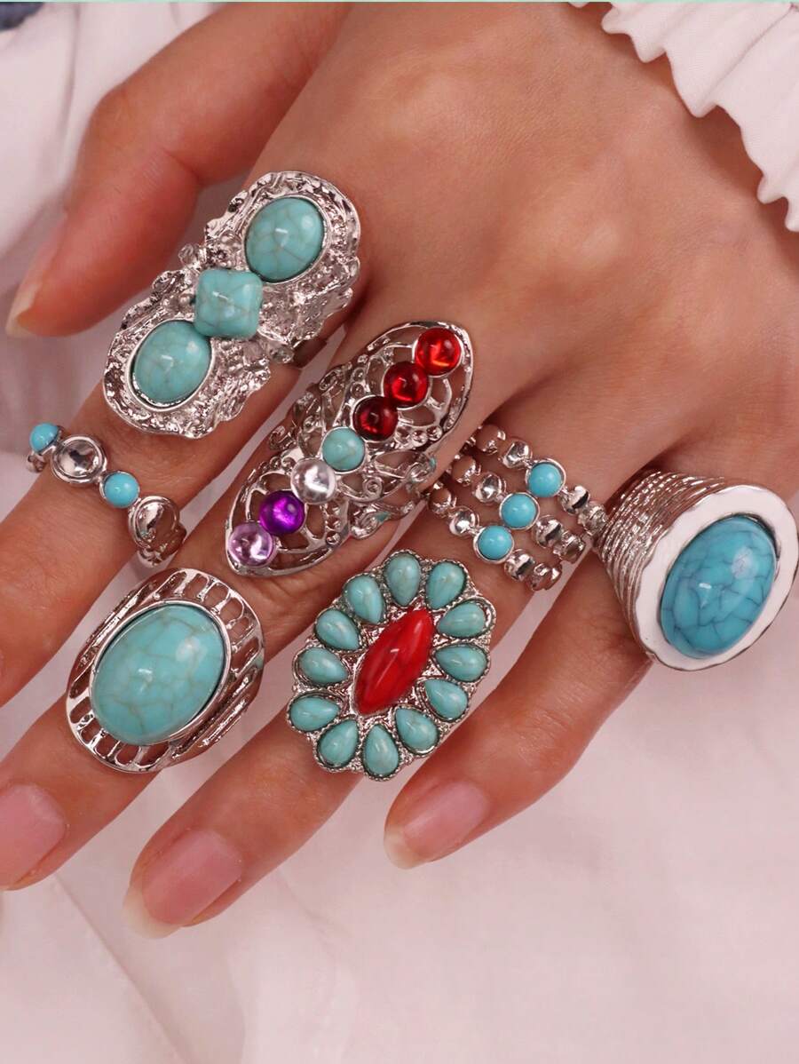 Juego de 7 piezas de anillos de tono turquesa y plateado de aleación con diseño elegante y vintage, apropiado para uso diario, festivales y fiestas