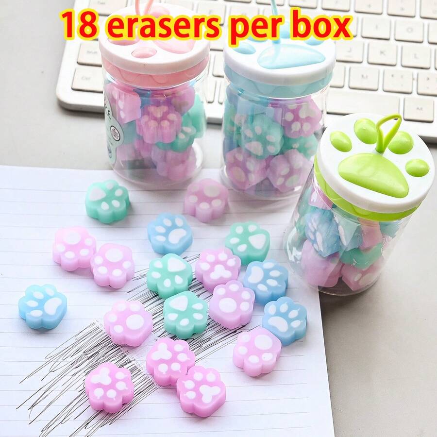 18 Stücke/Packung Katzen Pfoten geformte Textmarker Radiergummis, mehrfarbig, verspieltes Design Bleistift Radiergummis, geeignet für Klassenzimmer, Partytüten, Schule & Heim Belohnungen, Schulmaterial, Rückkehr zur Schule