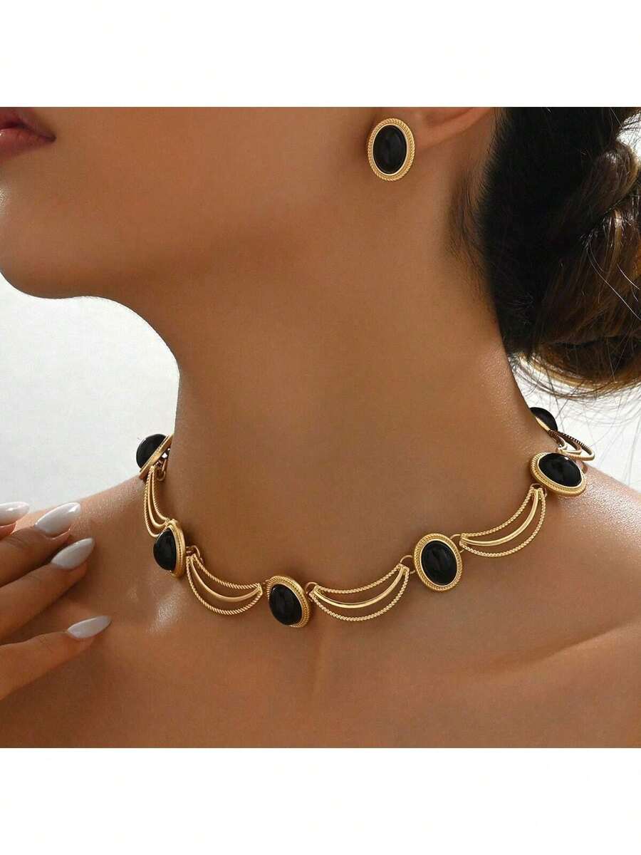 2pcs/Set Vintage Style Black Oval Necklace & Earrings Set, High-End Elegant For Women