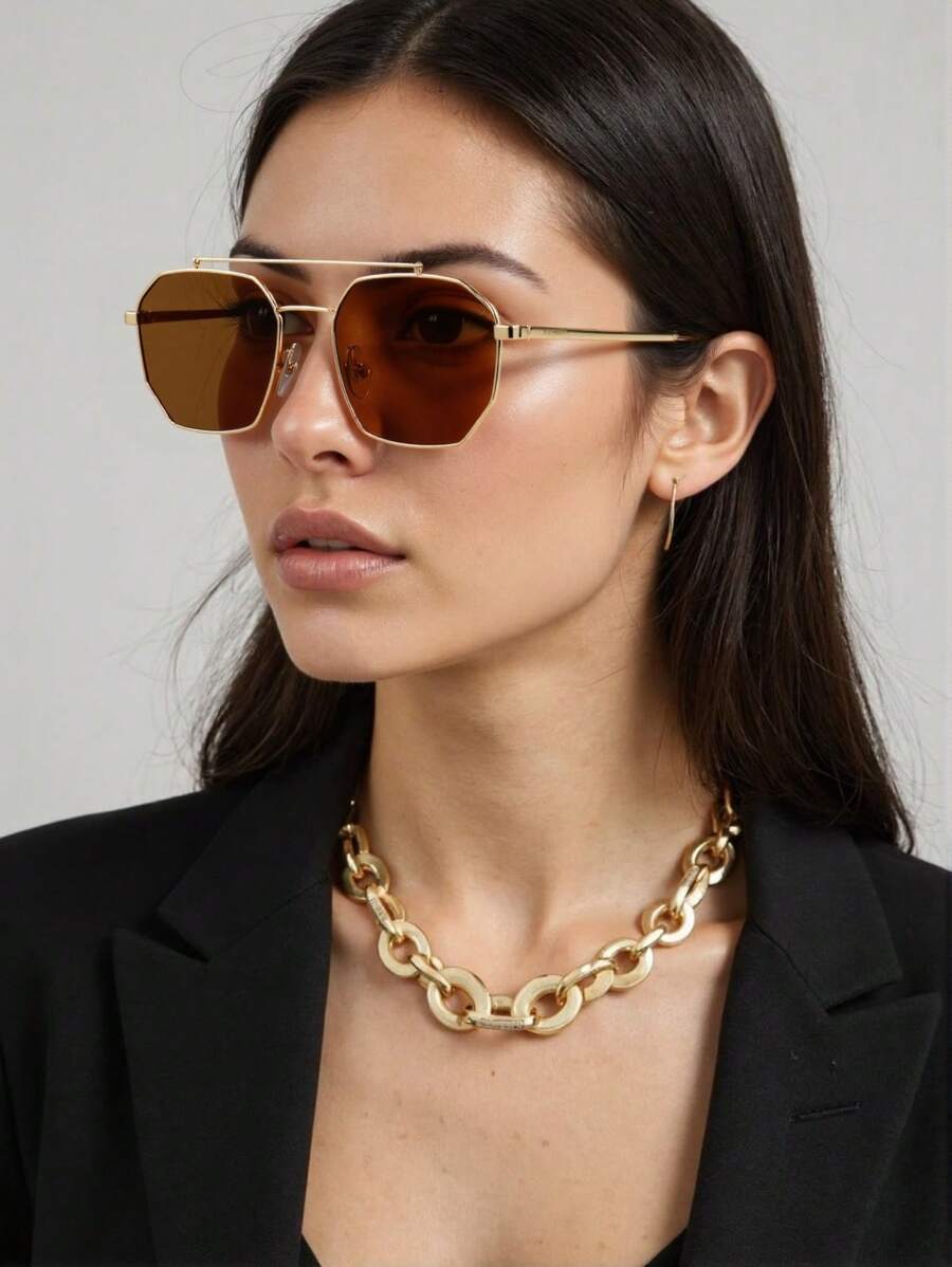 Neue retrometallische Doppelbrücken-Polygon-Luxus-Modegläser, unisex-Design für den Laufsteg, den täglichen Gebrauch, Straße, Party, Urlaub, vielseitig dekorativ einsetzbare Brillen für Outdoor-Reisen, Strandurlaub, Business-Casual