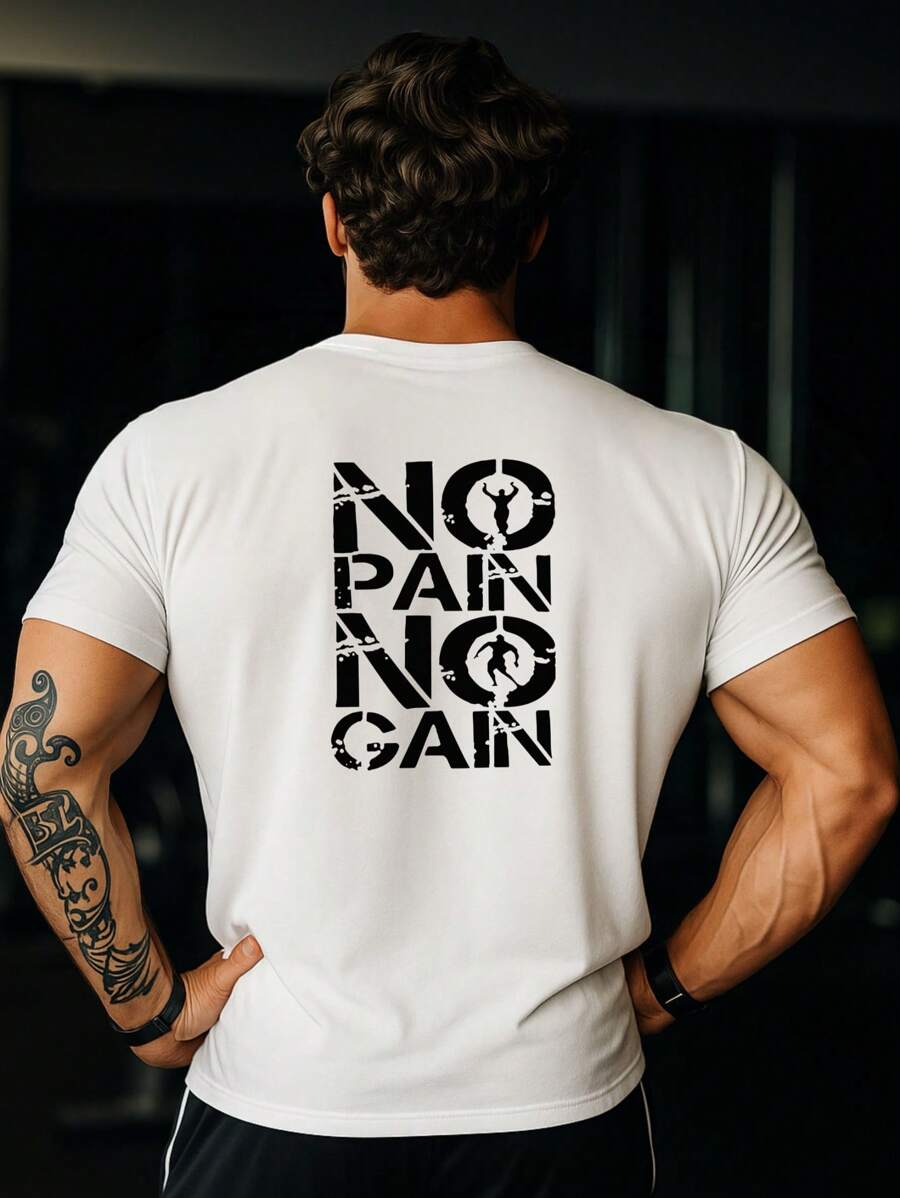 Maglietta da palestra da uomo - "NO PAIN NO GAIN" Stampa in grassetto colore bianco per appassionati di fitness, Maglietta fitness da uomo "NO PAIN NO GAIN"