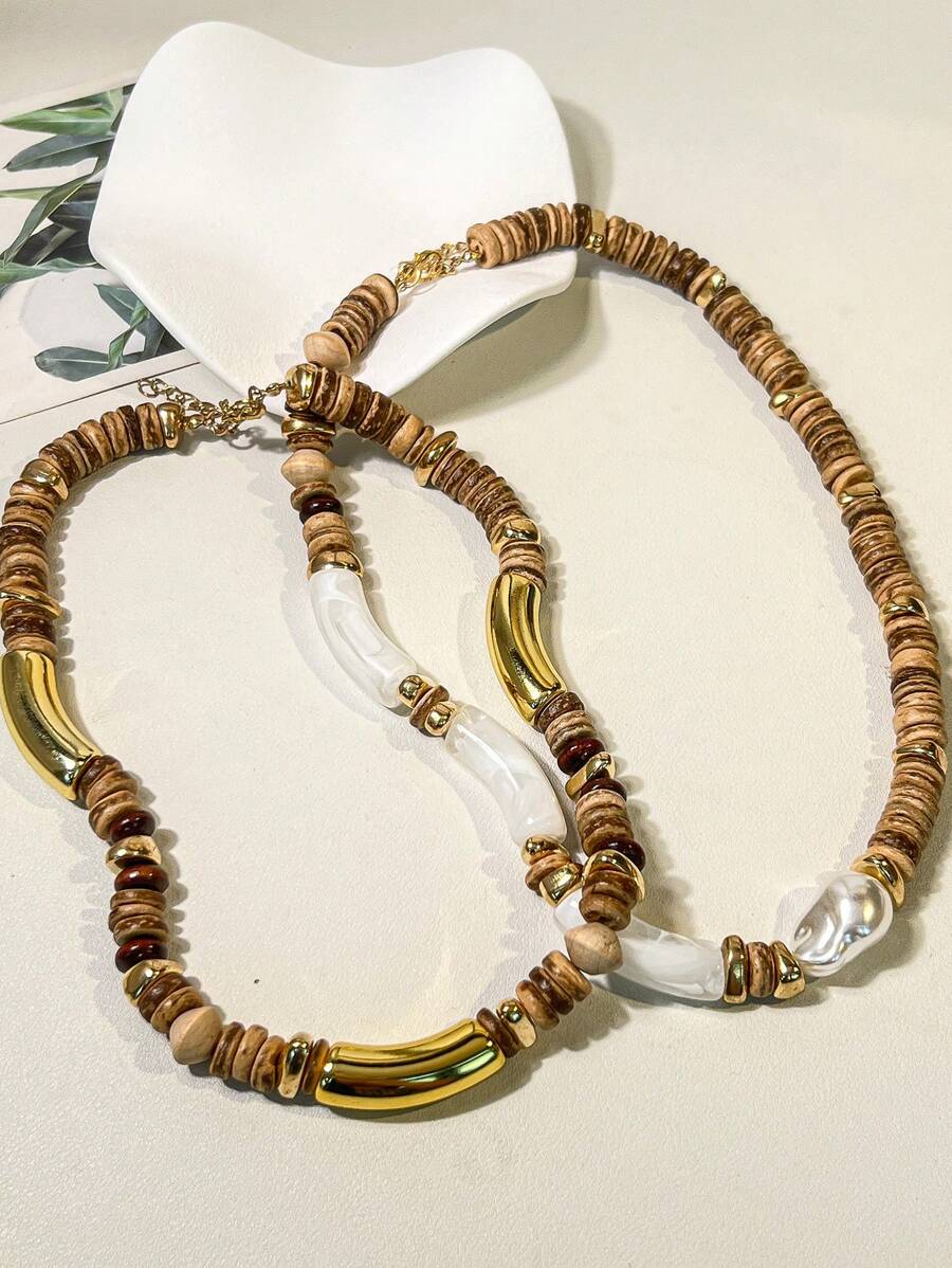 Colar de madeira estilo boêmio feminino, 2 peças, pingente geométrico de madeira e bola, joia retrô, ideal para uso diário e presente, acessório versátil com textura natural simples