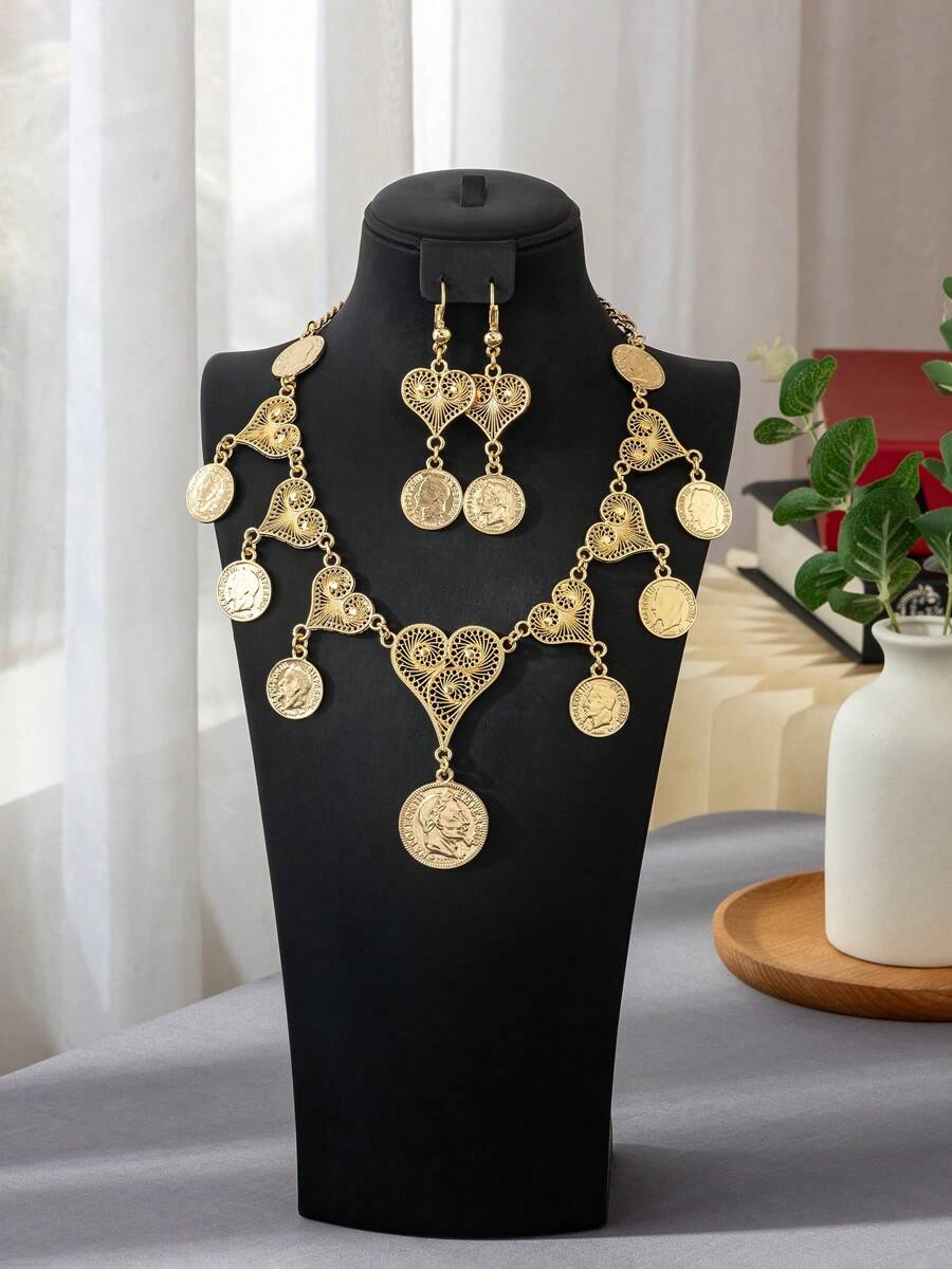 1Set Necklace & Earrings Arabic Plated Gold Hollow Heart Carving Portrait Coin Pendant Heavy-Craft Necklace And Earrings Bridal Wedding Jewelry Set