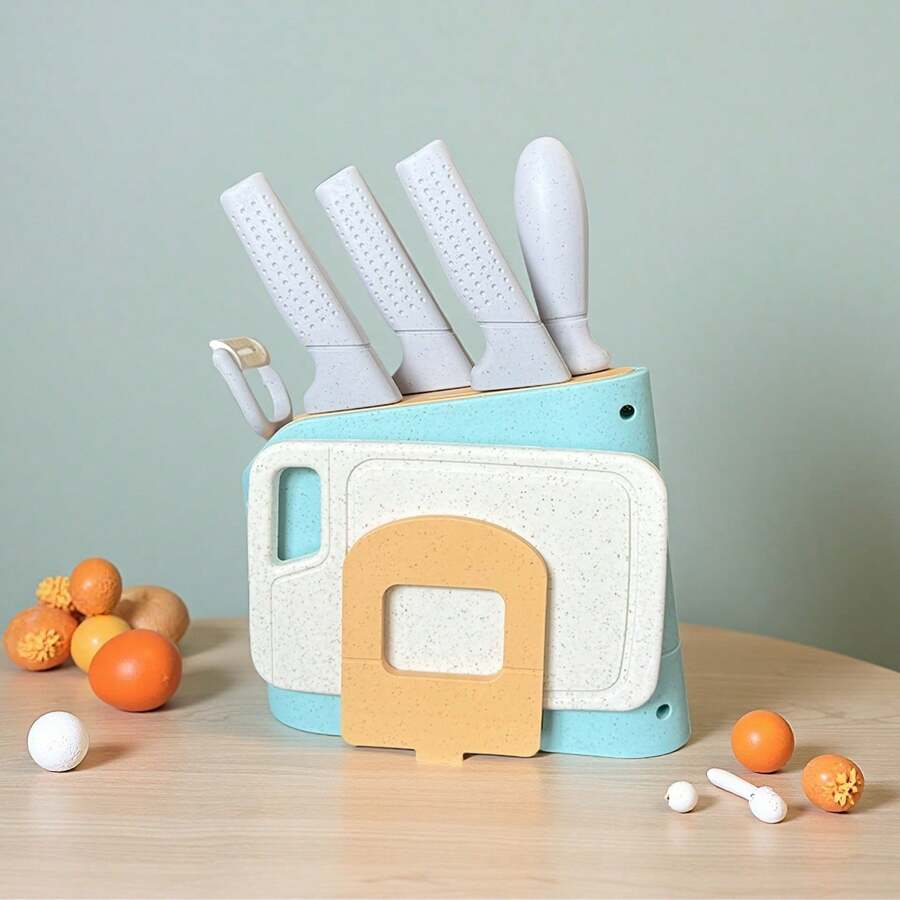 Juego de cocina para niños, juguetes de cocina de juego para niños, accesorios de cocina de juego, regalo para niños y niñas pequeños, cumpleaños, conjunto de juguetes de corte, herramientas de aprendizaje educativo - Conjunto de 7 piezas que incluye cuchillo + soporte para cuchillo (color aleatorio)