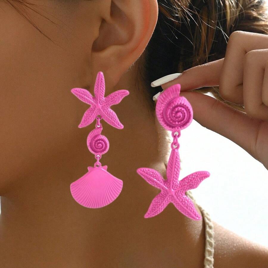1 par de elegantes y dulces pendientes asimétricos con diseño de estrella de mar y concha para mujeres, adecuados para vacaciones, cumpleaños, citas, fiestas, vacaciones y uso casual