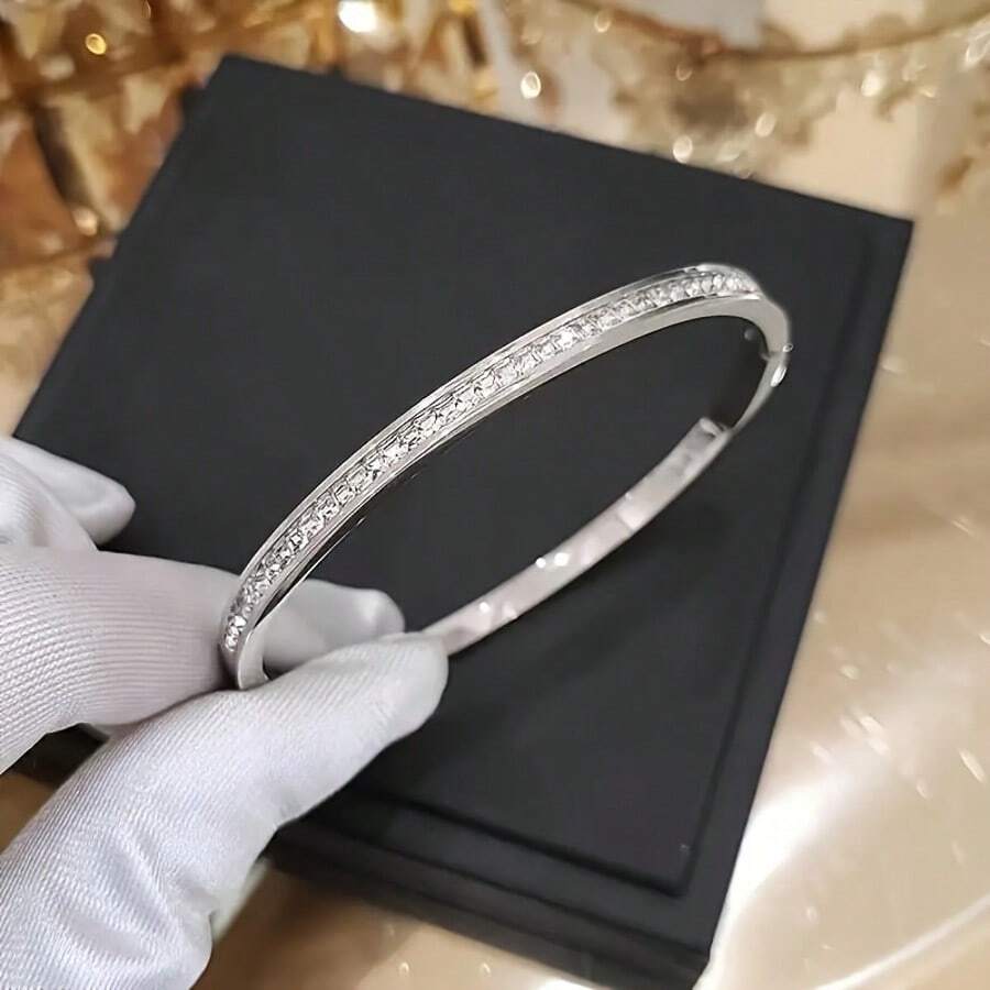 1 pièce Bracelet manchette à cristal simple à la mode en couleur or et argent, en acier inoxydable