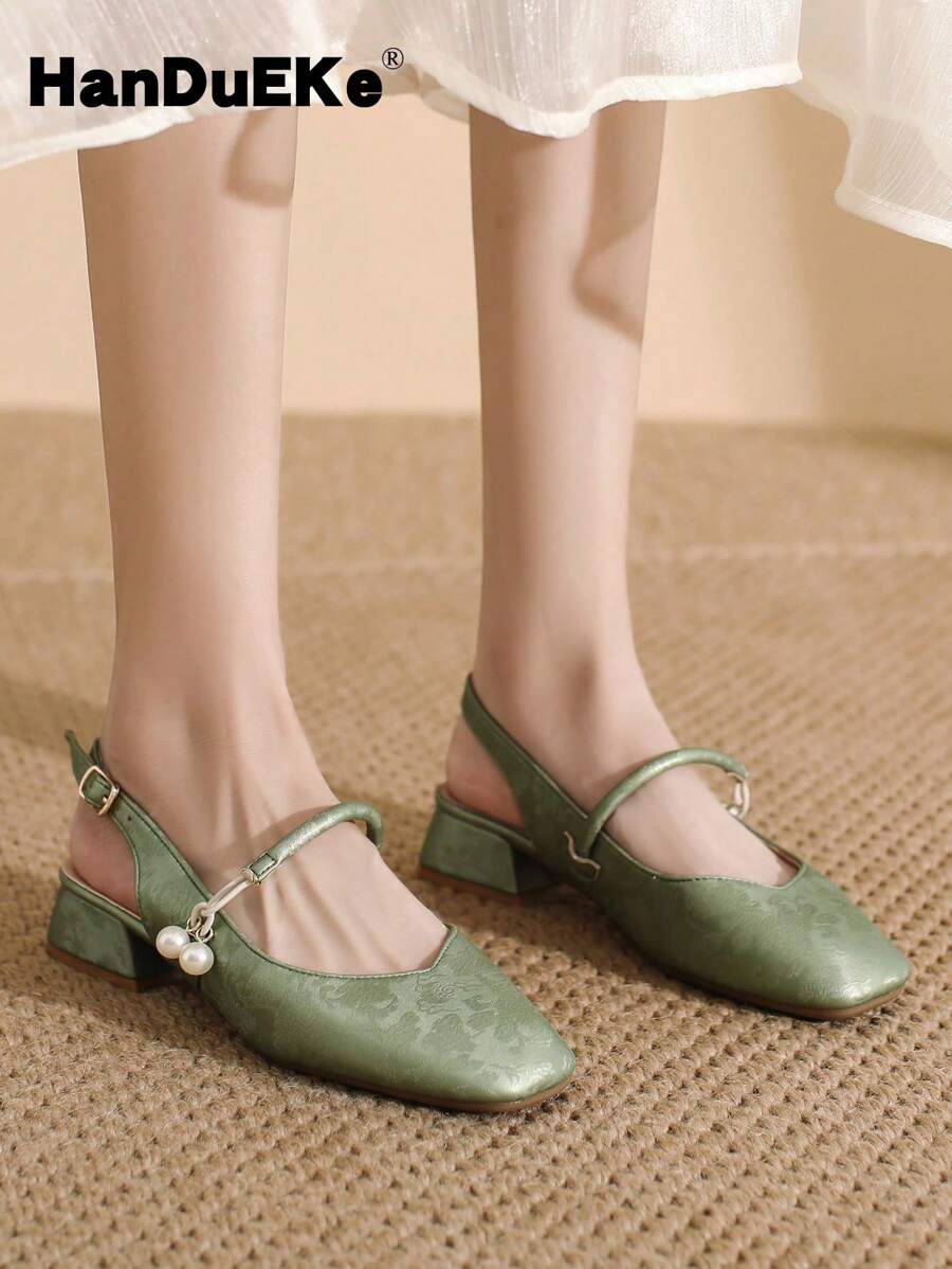 HanDuEke Women's Chunky Heel Square Toe Backless Slip-On Pumps, New French Style Faux Pearl Soft Sole Work Office Casual Shoes