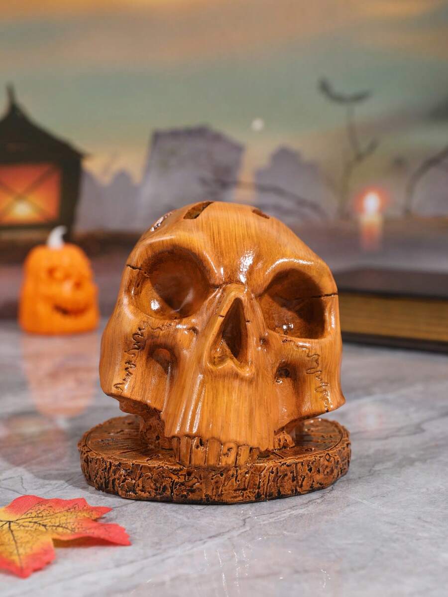 1 Stück Holzfarbener Schädel Deko Besteckhalter, Halloween Heim Dekoration Figur, Halloween Party Szene Dekoration
