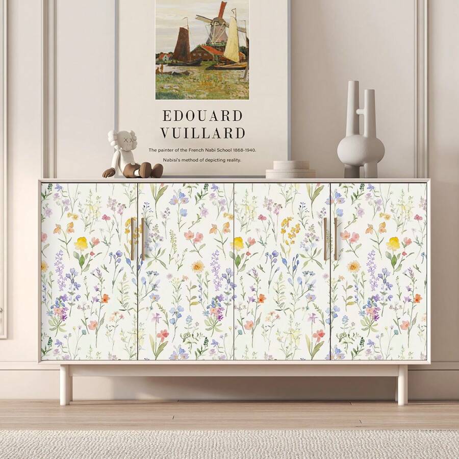 1 Rolle frisches Wildblumen-Muster Tapete, abnehmbare Vinyl Wanddekoration, Wohnzimmer Schlafzimmer Möbelrenovierung mit nahtlosem Blumenmuster, hellgrundige Tapete, perfekt für moderne Heimästhetik, Blumen Wanddekoration, Schlafzimmer, Wohnzimmer, Küche, Nische, Kleiderschrank, Möbel-Renovierung, nahtlose Ästhetik Tapete