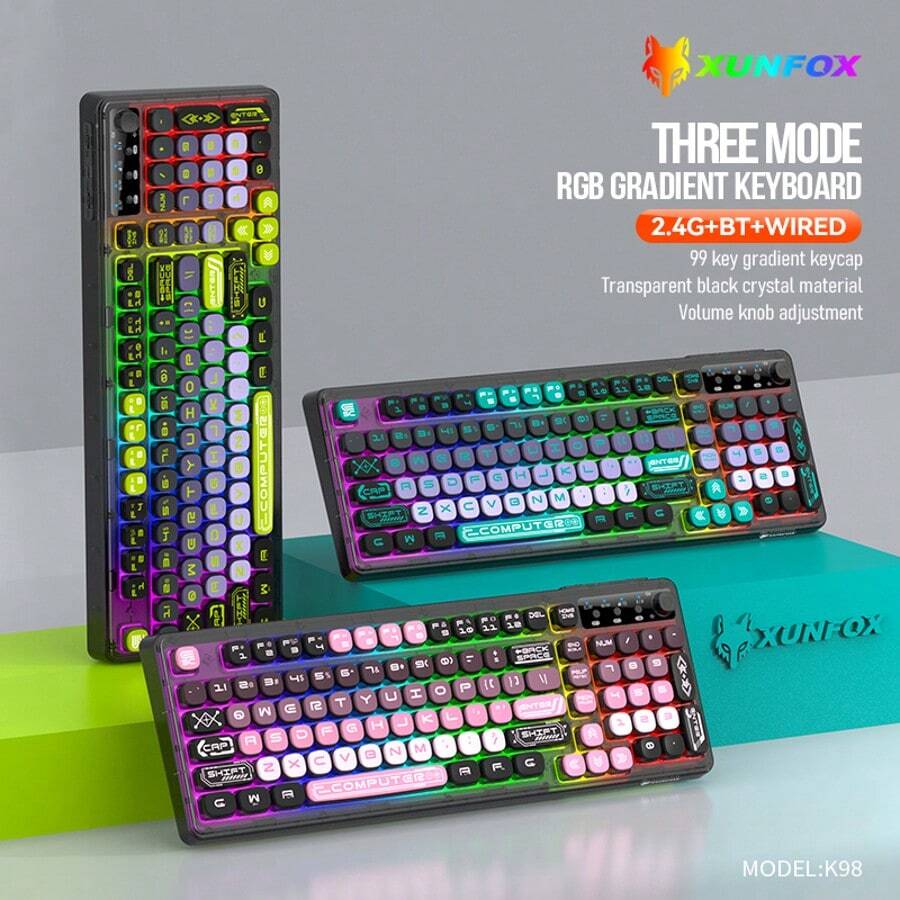 Xuan Yin Hu K98 kabellose Tastatur, UV bedruckter transparenter Tastaturdeckel, Dreifach-Modus Bluetooth kabellos, RGB Licht Farbverlauf Band, Lautstärkeregler Drehknopf, Gaming und Büro Tablet