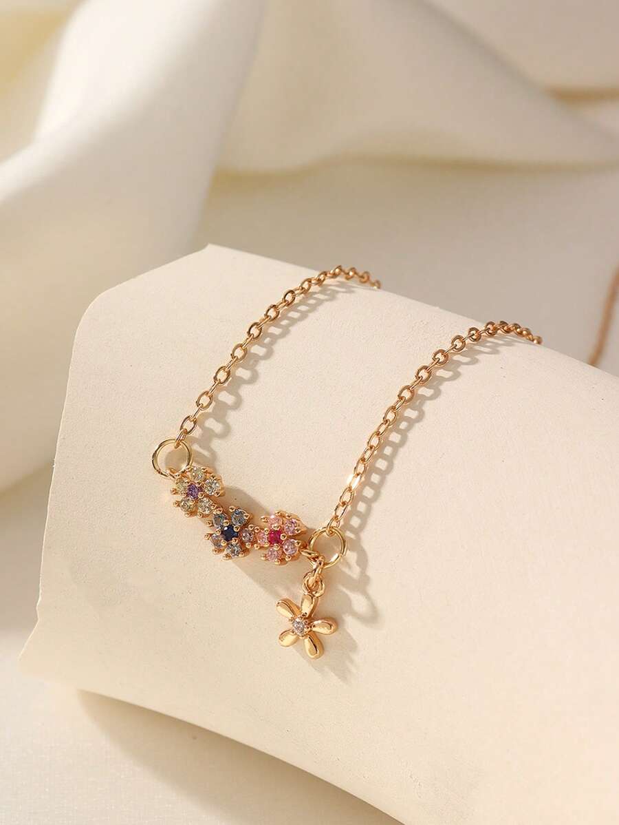 1 pieza Collar colgante de mujer sencillo y versátil con decoración de flor de circonia colorida incrustada en aleación de cobre, adecuado para uso diario, fiesta, regalo