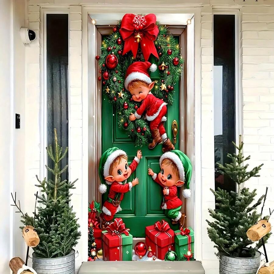 1 Stück 2D Tür Banner Weihnachtself Polyester Tür Hänger, Mehrzweck Feiertags Deko, geeignet für allgemeine Verwendung und Weihnachtsparty Dekoration