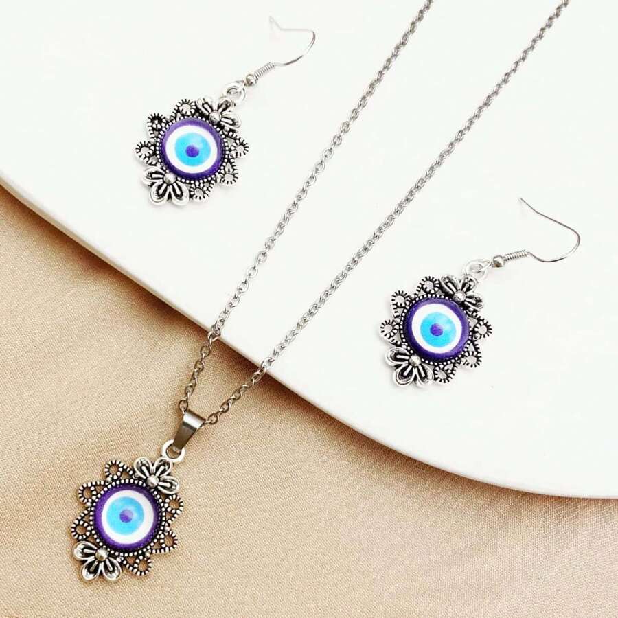 3pcs Stainless Steel Demon Eye Pendant Necklace And Earrings Set