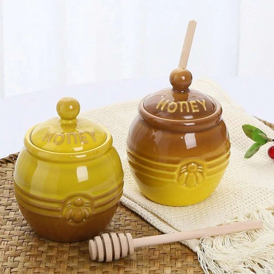 Ceramic Honey Jar With Dipper And Lid Yellow Honey Pot Container For Home Kitchen Storing Honey And Syrup Honey Pot With Dipper