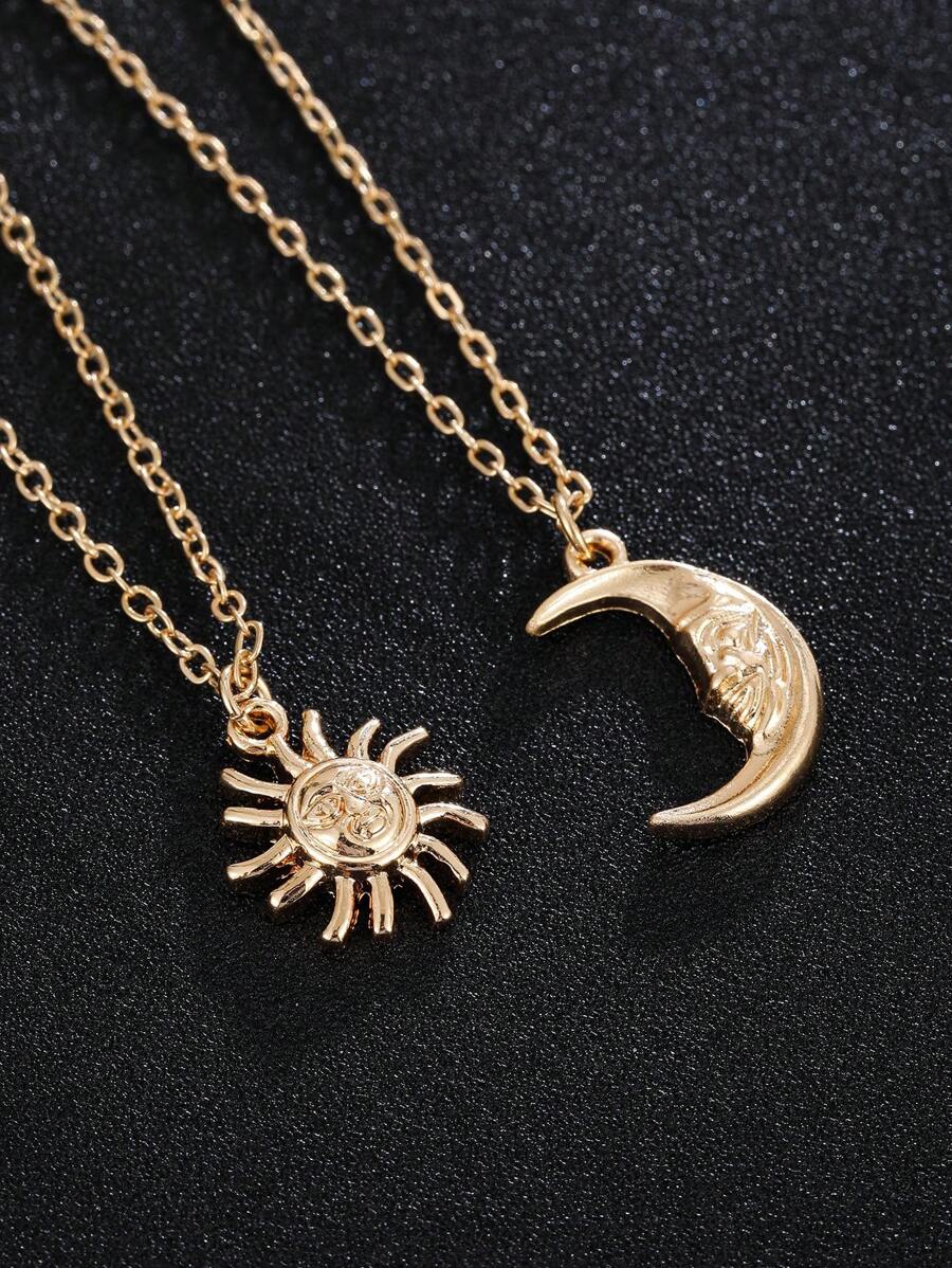2 pièces/set Collier pendentif rétro européen lune, soleil et visage, design à la mode pour les femmes et les couples, accessoire quotidien idéal et choix de cadeau