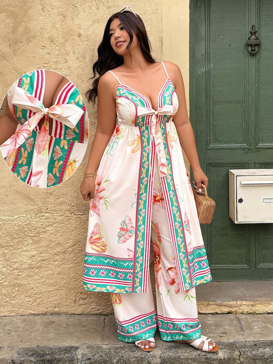 Plus Size Women Floral Print Camisole And Pants Suit