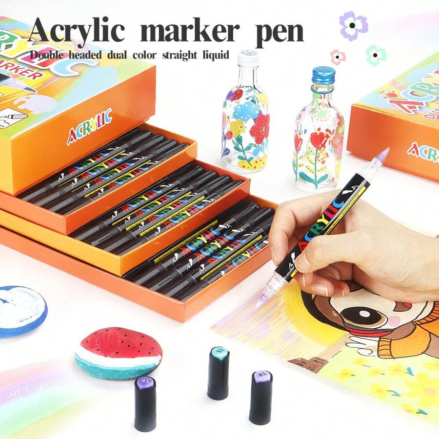 Set da 96 colori di pennarelli e penne acriliche a doppia punta - Materiali professionali per l'arte, adatti per dipingere su rocce, legno, tela, plastica, metallo e pietra | Pennarelli a punta per progetti fai-da-te, superfici multiple, creatività, forniture scolastiche, rientro a scuola