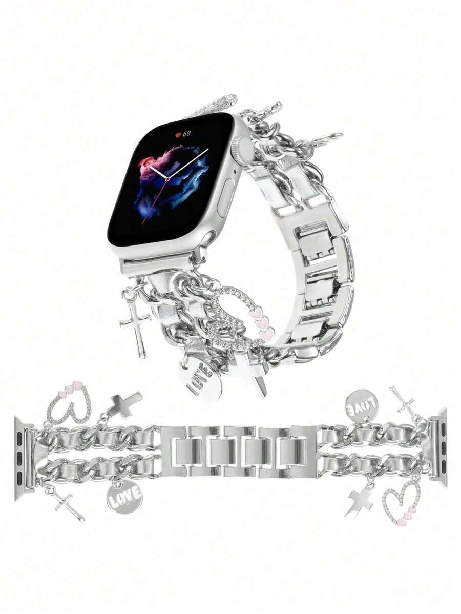 Silver Metal Band Compatible With Apple Watch Bands 49/46/45/44/42/41/40/38mm Women,Stylish Love With Cute Charms Pendants Dressy Wristband For Series 10 Ultra 2 9 8 7 6 5 4 3 2 SE
