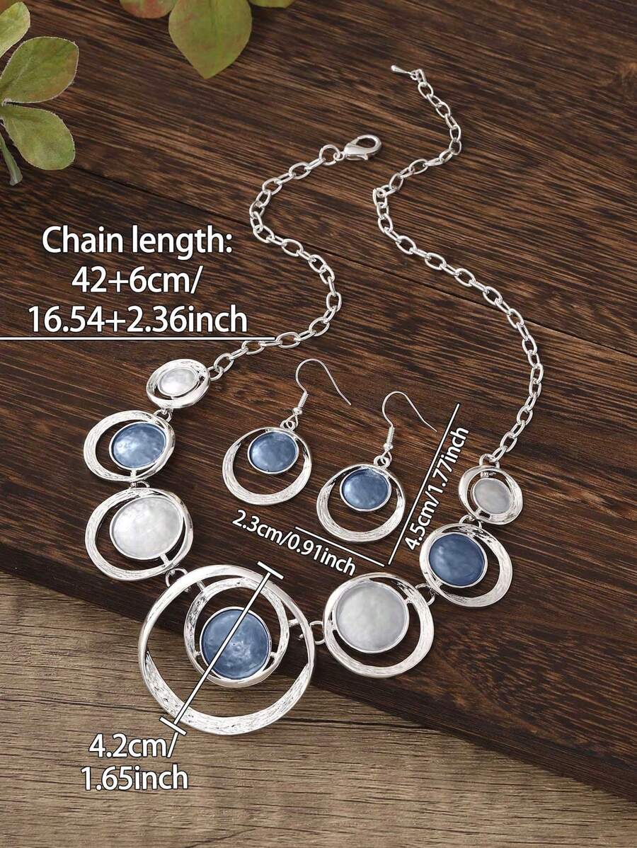 1pc Necklace 1 Pair Earrings Fashion Concentric Circle Jewelry Set, Bohemian Retro Unique Elegant Minimalist Blue Enamel Zinc Alloy, Suitable For Women Daily Wear, Party, Beach Holiday, Ideal Gift