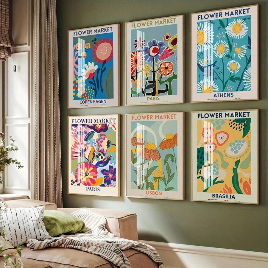 6pcs Canvas Poster, Modern Art, Flower Market Wall Art Print, Brasilia Athens Paris Copenhagen Lisbon Art Poster Decoration, Ideal Gift For Bedroom, Decor Wall Art, Wall Decor, Fall Decor, Wall Decor, Room Decor, Room Decoration, No Frame