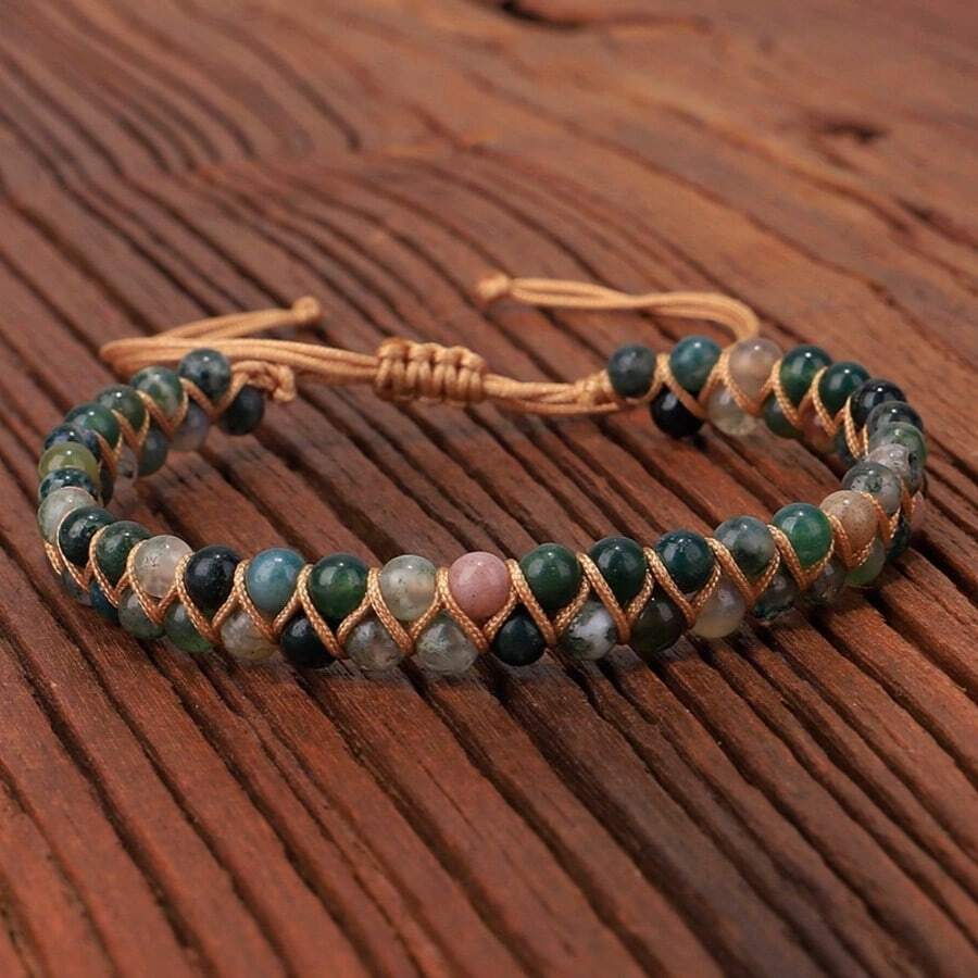 1 pezzo Braccialetto da donna retrò boemo fatto a mano con perline a doppio strato, con cristalli ondulati, adatto per yoga e meditazione