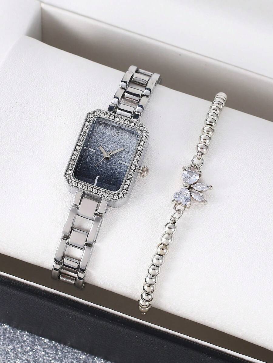 1 Stück Mode Damenuhr, Diamant Dekoriertes Uhrwerk Mit Quadratischem Zifferblatt Und Zartem Armband Aus Quarz