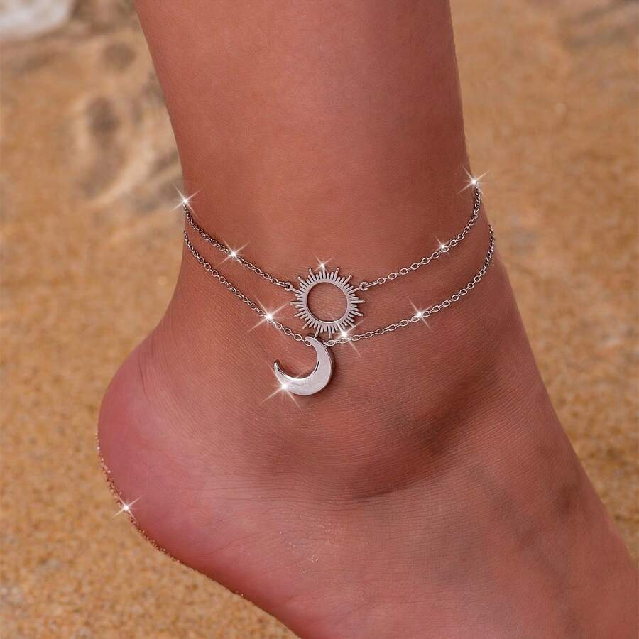 2Pcs/Set Sun & Moon Pendant Anklet - Vintage Chain Ankle Bracelet Middle East Style Adjustable Fit Foot Chain Boho Luxury Beach Charms Jewelry Gift For Women Summer Beach Vacation Accessories