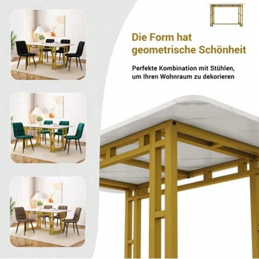Mesa de comedor moderna de lujo de 120 x 70 cm, rectangular, con estructura de metal y patas doradas, ideal para comedor y sala de estar.