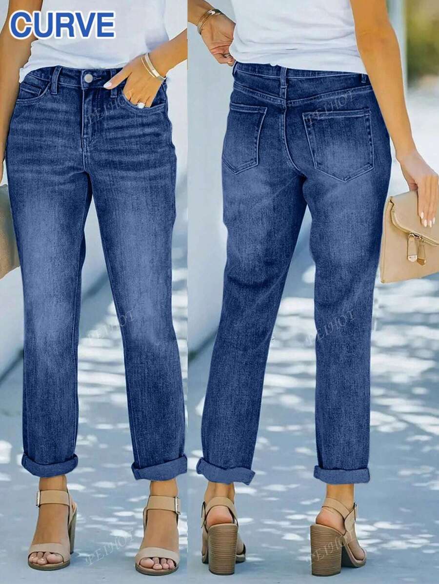 Plus Size Women Slim-Fit Versatile Street-Style Straight-Leg Jeans, Old Money Style, Back To School, Teacher, Fall, Capri Pants, Office Wear, Vintage, Mom Jeans, Summer, Bottoms, Denim, Business Casual