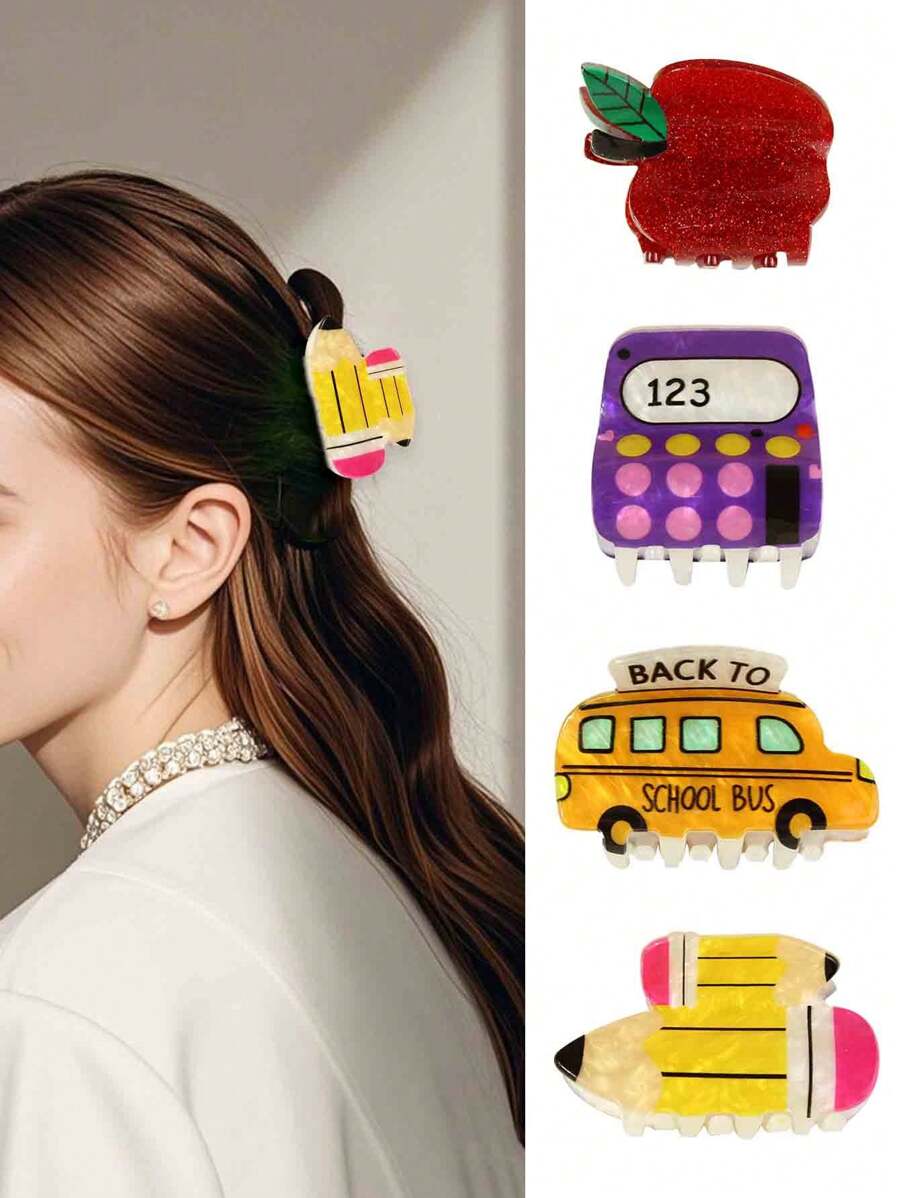 1 Stück Frauenhaarklammer in Form von Cartoon-Schreibwaren aus PVC, geeignet für den Schulstart-Stil, als modisches Haarzubehör für den täglichen Gebrauch, elegante Haarspange
