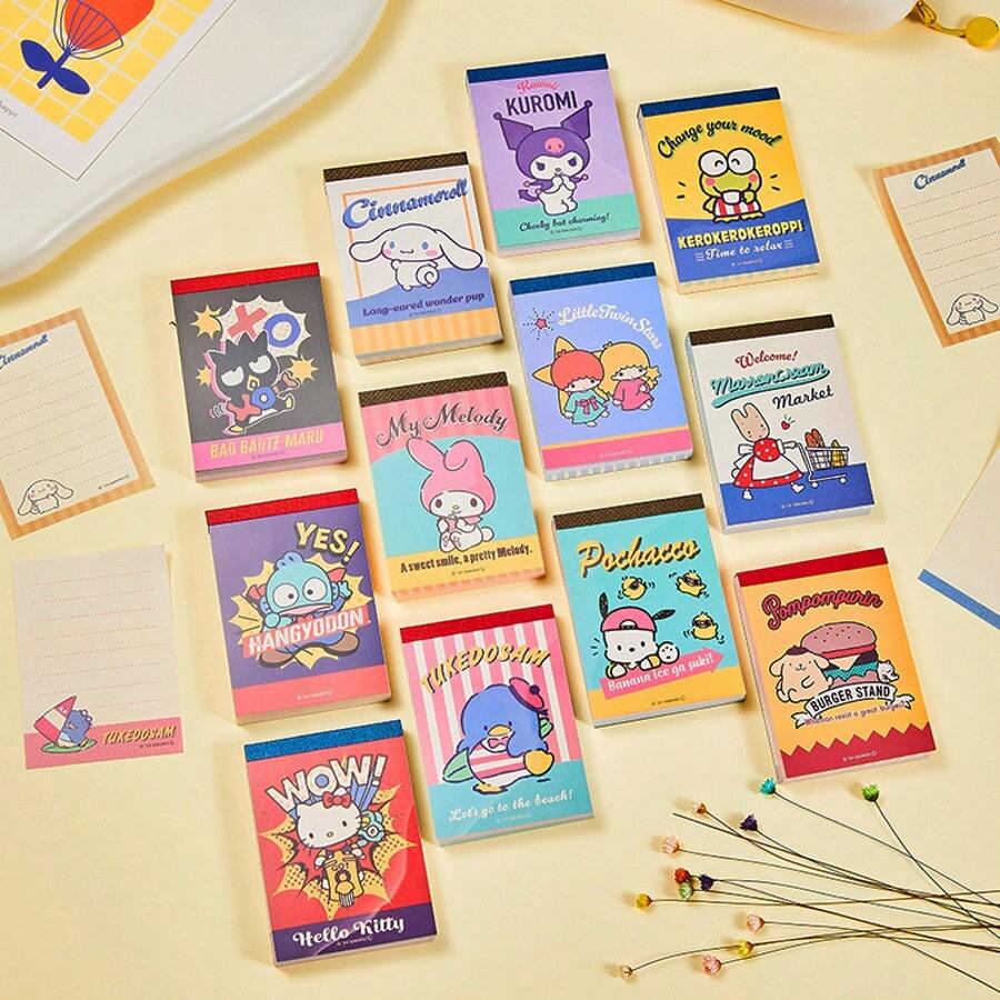 Sanrio 12 tipos de papel adhesivo con notas de libros de señal de orina de dibujos animados japoneses retro, con chicas lindas de dibujos animados, material de libreta, para la temporada de regreso a clases