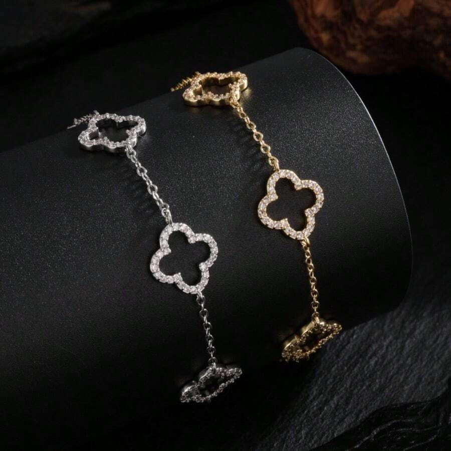 1pc Lucky 18K Gold Plated Hollow Clover Bracelets For Women Golden-Tone Cubic Zirconia Paved Stainless Steel Chains Copper Band Bangle For Party And Daily Wear