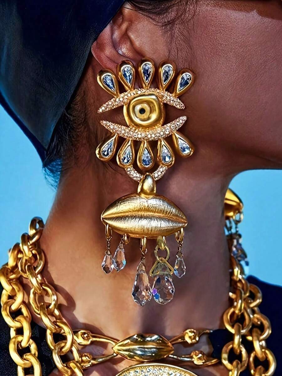 1 Pair Retro Punk Style Vintage Tassel Pendant Rhinestone Eye-Shaped Luxurious Earrings, Suitable For Fashionable Outfits