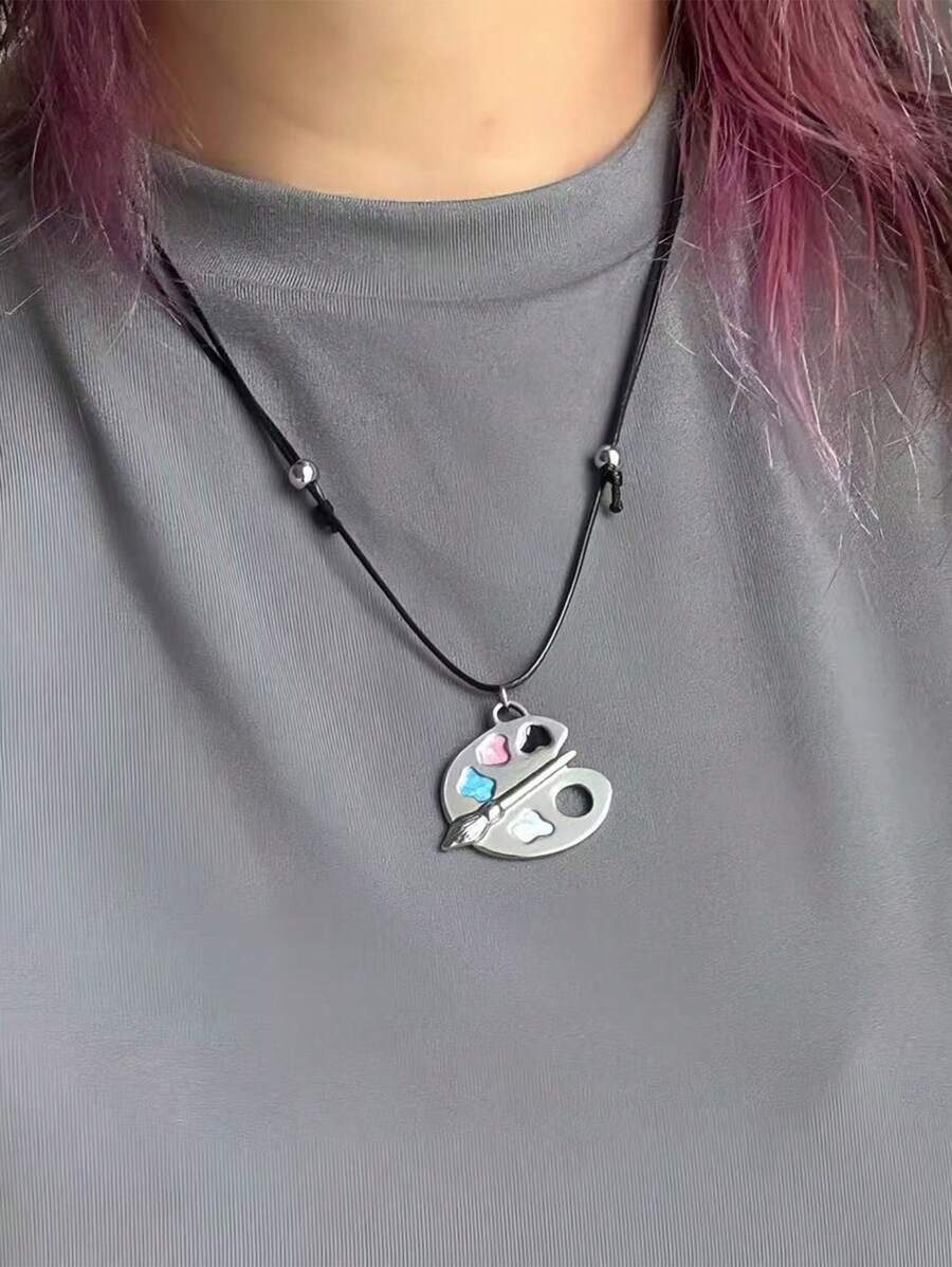 1pc Color Palette Hollow Pendant Necklace, Unisex Stainless Steel Leather Cord Fashion Punk Jewelry For Daily & Party Outfit