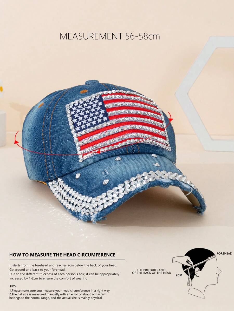 1 Piece Embroidered American Flag Baseball Cap With Diamonds, Outdoor Sun Protection Casual Hat For Boys And Girls Spring And Fall Travel Beach Vacation Use