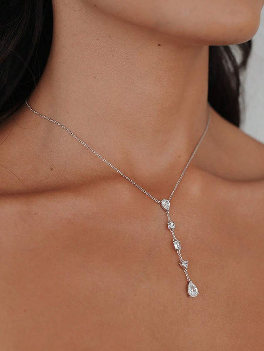 1pc Silver Geometric Crystal Pendant Y-Style Necklace, Decorative Clavicle Chain Jewelry For Women, Summer
