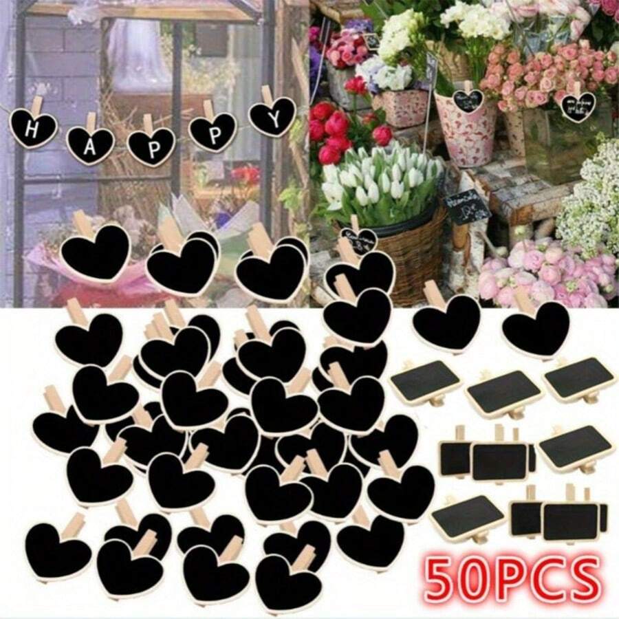 50pcs Hanging Wooden Blackboard Message Clips, Price Tags, Heart Shaped, For DIY Crafts, Weddings, Events, Retail Stores, Strong Sturdy Construction, School Supplies,Back To School