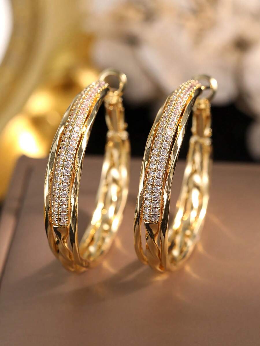 2 piezas Pendientes de aro dorados brillantes y glamorosos con circonita cúbica, adecuados para bodas, compromisos, fiestas y regalos