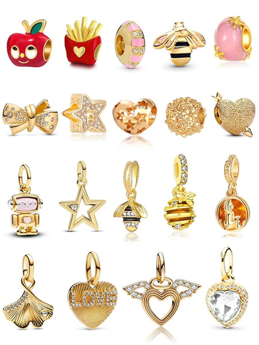 1 peça de pulseira original com pingente de contas, coleção de cores douradas, maçã, batatas fritas, abelha, flor, folhas, asas de amor, laço, estrela e pingente de contas rosa para pulseiras, joias femininas faça você mesmo