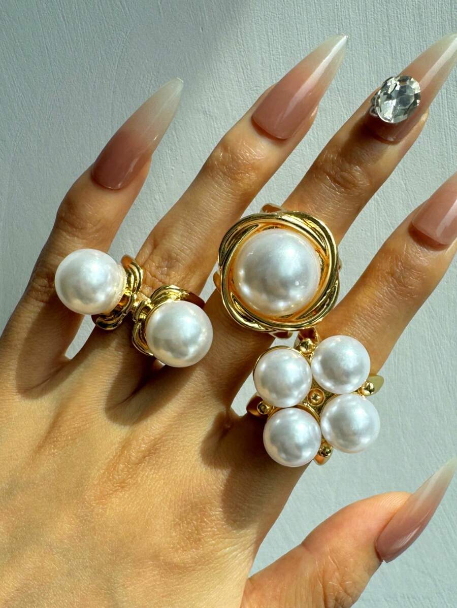 Conjunto de 3 anéis elegantes, vintage, brilhantes, exclusivos, de luxo, com pérolas douradas, versáteis para o dia a dia, festas, deslocamentos, feriados, joias finas para mulheres
