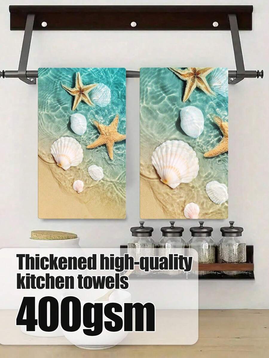 2pcs 400gsm Thick Super Soft Microfiber Starfish & Shell Printed Modern Minimalist Design Water-Absorbing Non-Shedding 17.7"X27.6" Rectangular Towels, Versatile For Kitchen, Bathroom, Living Room, Bedroom, Great Gift For Parents And Friends