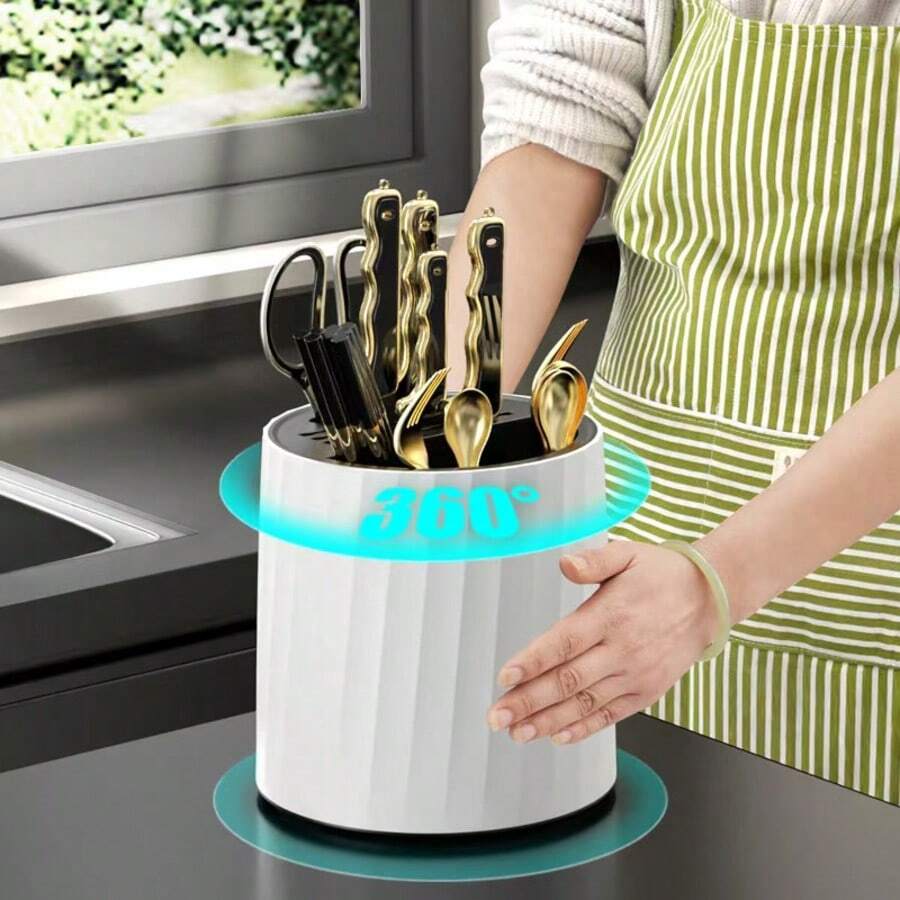 1 Set Rotating Knife Holder, Kitchen Knife & Utensil Storage Rack With Cup Holder, 360° Swivel