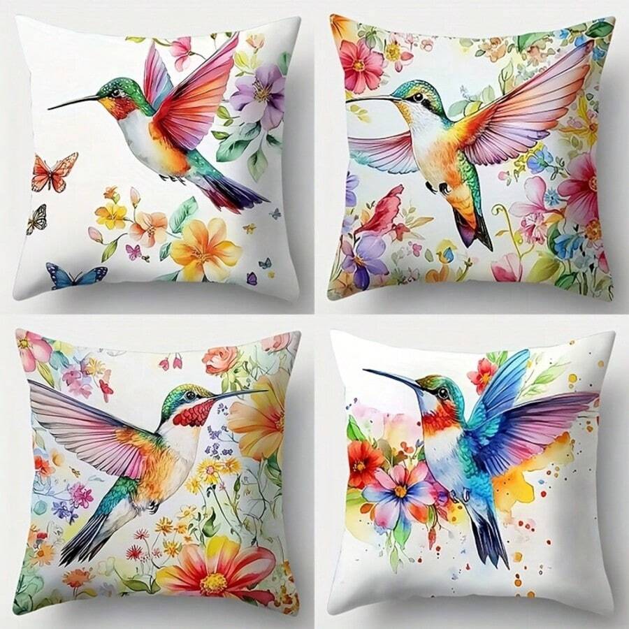 Set Of 4 Bright Hummingbird And Floral Pillowcases, Modern Living Room Sofa Decorations, Sofa Decorations, Bright Print Designs, Zipper Pillowcases, Decorative Pillowcases, Single Side, No Pillows