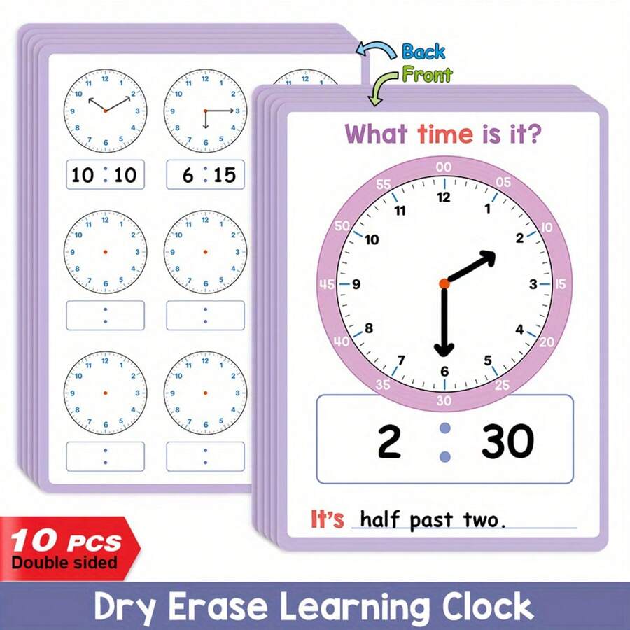 10/5/1 Teiliges Set K-3 Level (5-8 Jahre alt) beidseitig löschbare Uhr-Tafel Lehr-Hilfsmittel - von Lehrern empfohlenes Material für Klassenzimmer/Hausunterricht Mathematik, handgemacht (haltbare Trocken-Wisch-Zeichentafel) Schulbedarf, Rückkehr zur Schule