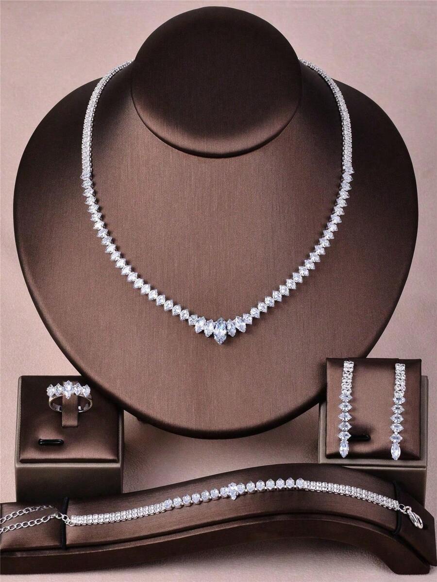 4 Stücke luxuriöser, versilberter Zirkonia-Schmuckset: Ohrringe, Halskette, Armband, Ring, Frauen Edelstein Accessoires für Party, Ball, Festbankett, Geburtstagsgeschenk