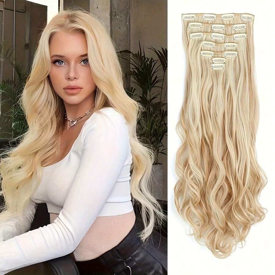 Clip In Extensions 7 PCS Full Head Water Wave Synthetic Clip Piece Wavy Clips Hair Accessories For Women Girls, 16 Clips