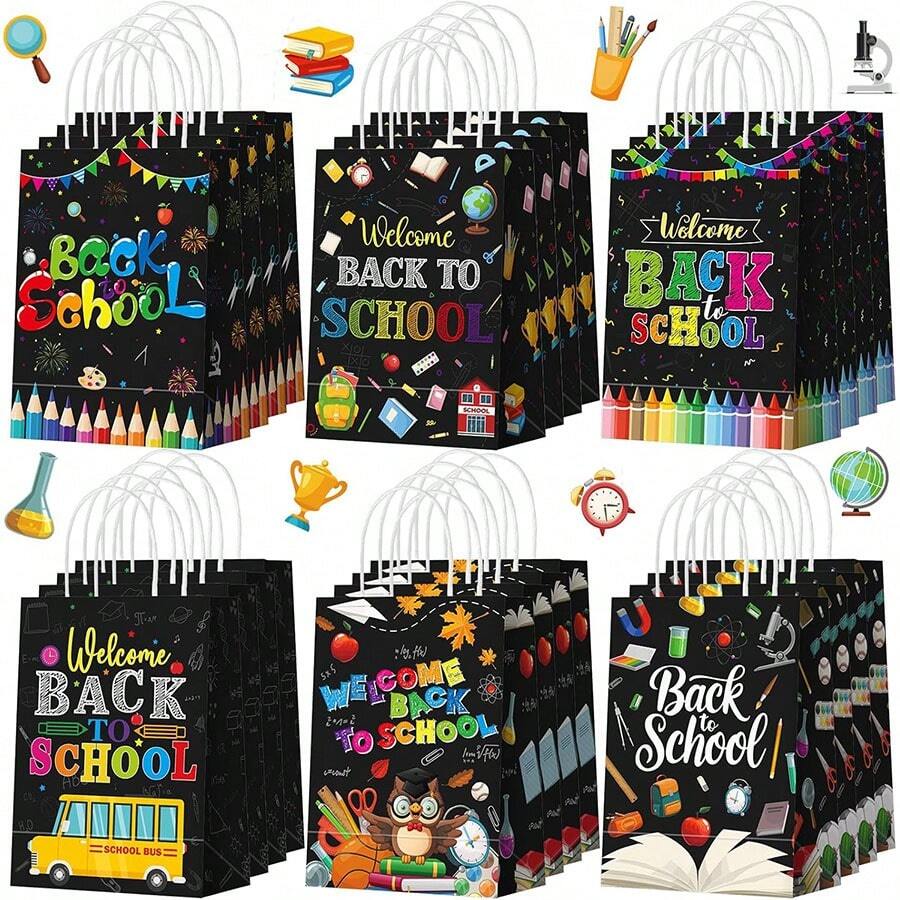 24 piezas/12 piezas/6 piezas/1 pieza Bolsa de regalo con asas de regreso a la escuela, con estampado de autobús escolar negro y lápiz, bolsa de papel para fiesta de regreso a la escuela, regreso a la escuela, Día del Maestro, regalos de Acción de Gracias para maestros y estudiantes, suministros escolares, regreso a la escuela, artículos escolares esenciales