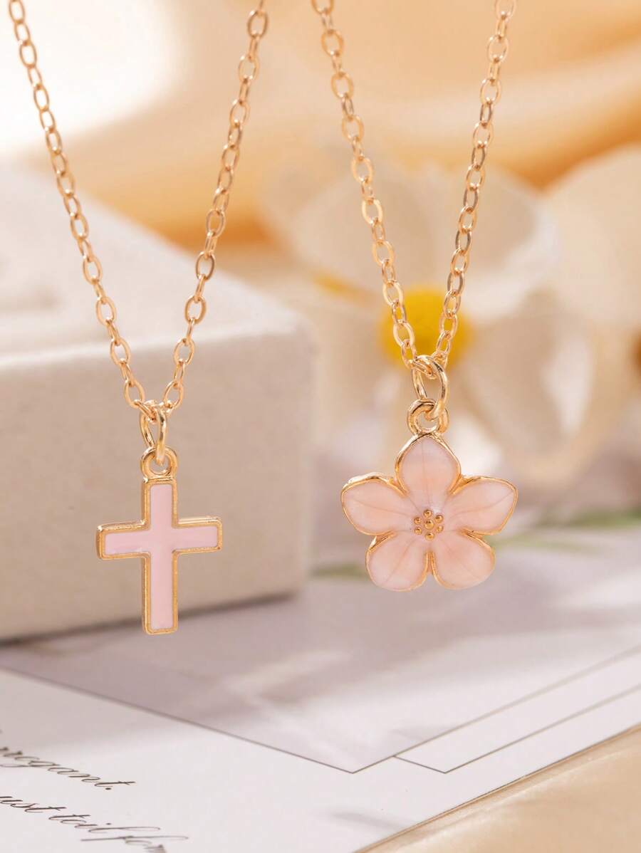 2pcs/Set Fashion Delicate Elegant Sweet Cross & Five-Petal Flower Pendant Necklace For Women, Suitable For Summer Beach Party Holiday Travel Daily Wear, Gift For Girlfriend/Wife